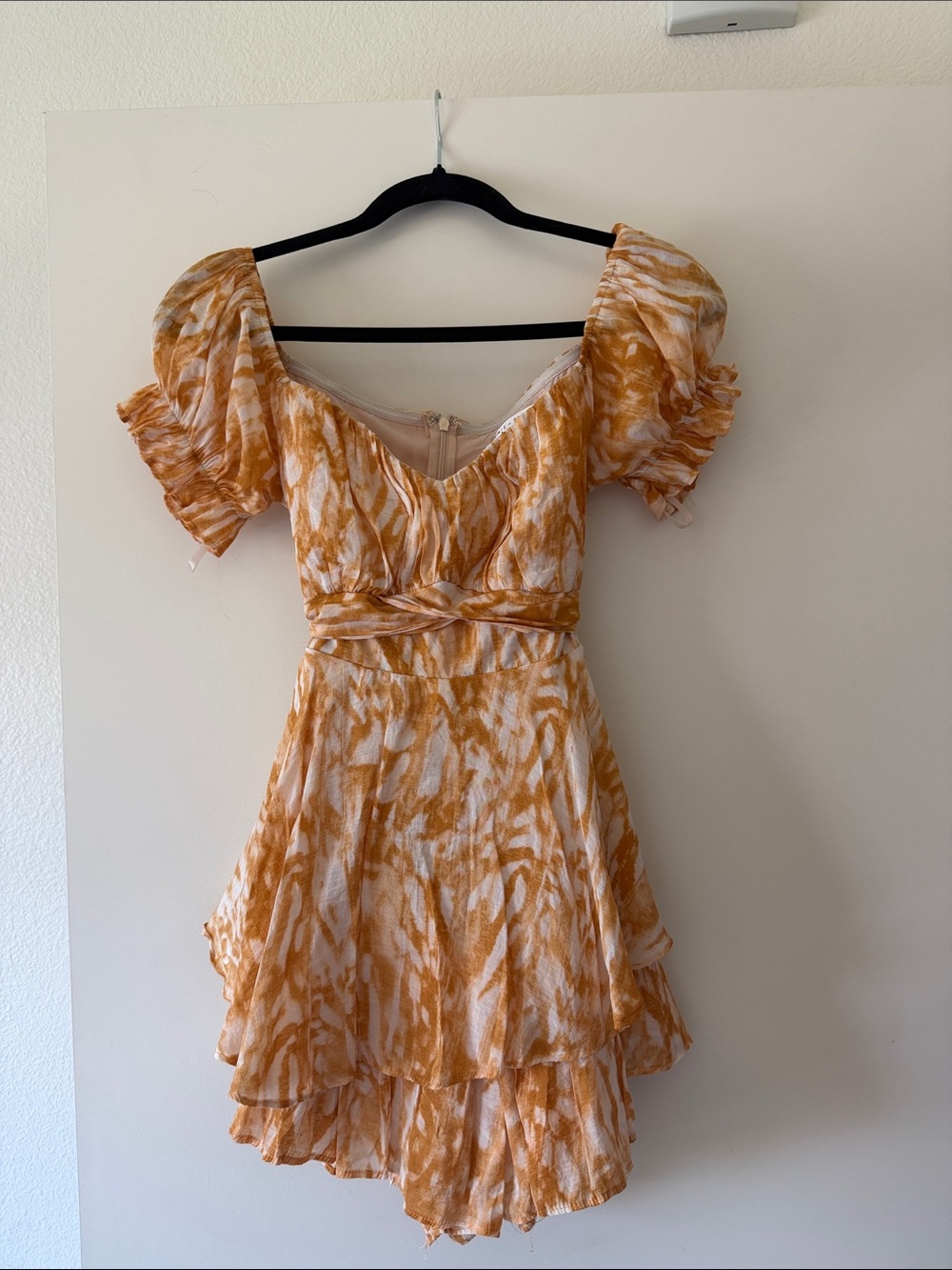 Women's Golden Tan Printed Mini Dress with Puff Sleeves